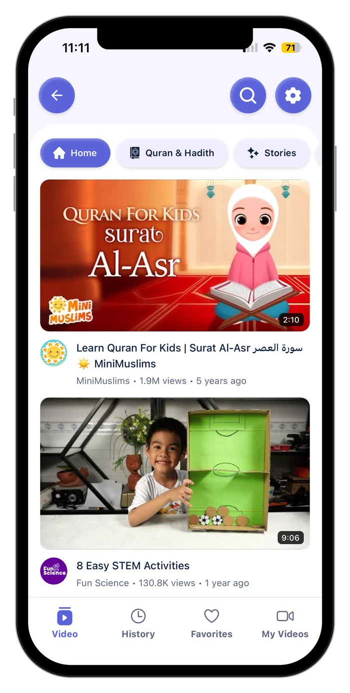 Kahf Kids videos home on an iPhone, with callouts: 40,000+ Mufti-approved videos, ads free, Quran, hadith, stories and more, add videos on your own